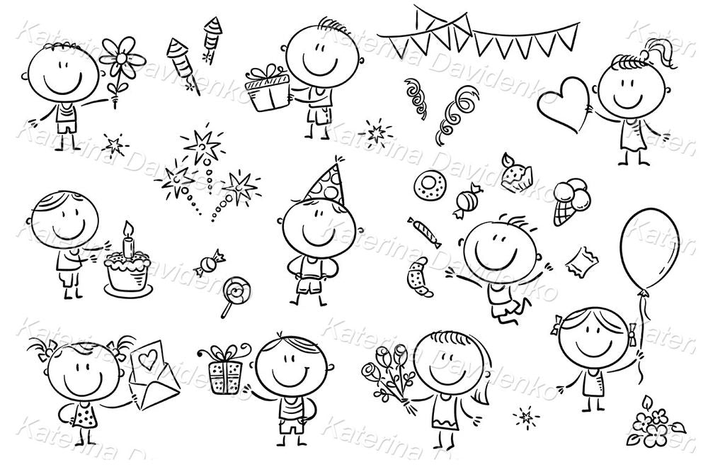 Kids birthday set, doodle children clipart as PNG files for greeting cards and invitations