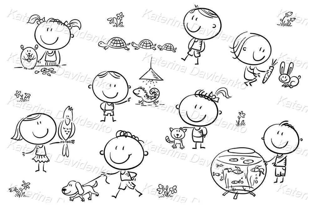 Cute Kids and Their Pets – Colorful Animal Clipart for Educational and DIY Projects