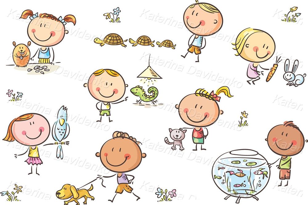 Vector drawing doodle kids and pets clipart images set