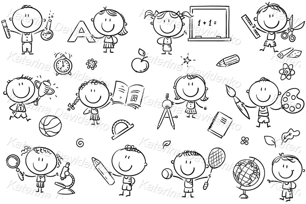 School Activities Illustration – Cartoon Kids with Learning Tools for Education Projects