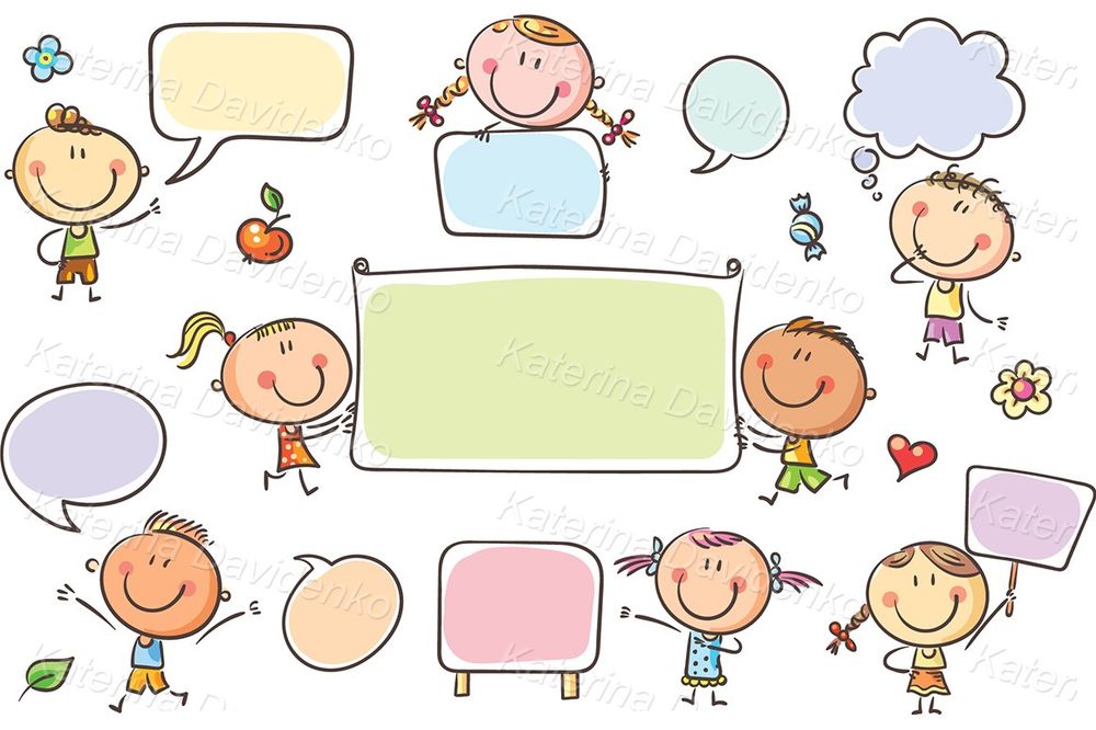 cartoon kids with speech bubbles and signs, banner copy space clipart set