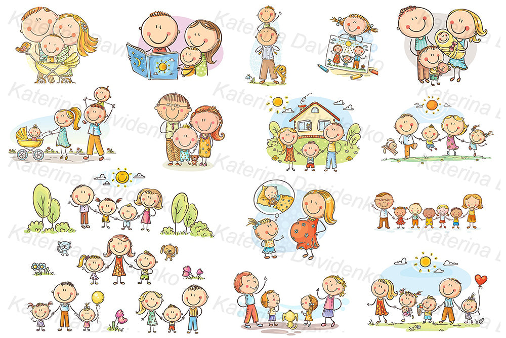 Doodle family cartoon clipart set or bundle for parenting sites & cards