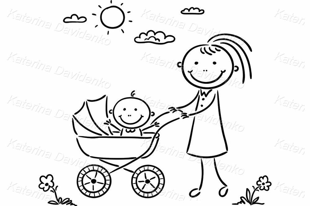 Mom and Baby Stroller Clipart – Cute Family Design