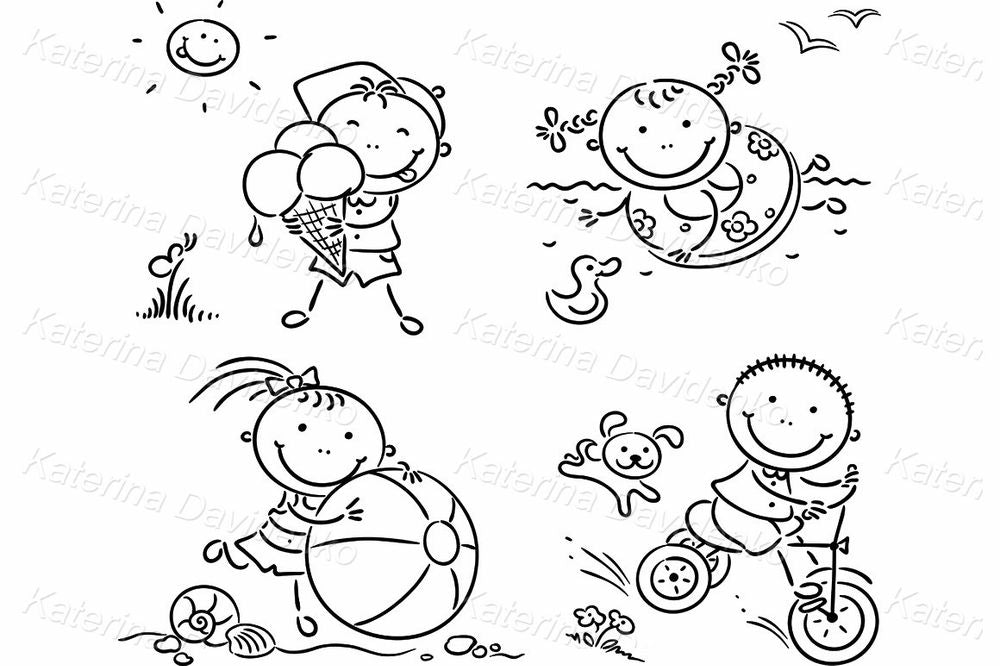 Summer Kids Clipart – Beach Ball, Ice Cream, Swimming, and Biking in Colorful Cartoon Style