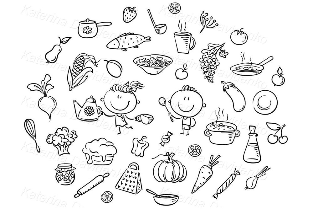 Kids Cooking & Food Doodle Clipart – Fruits, Veggies, Meals