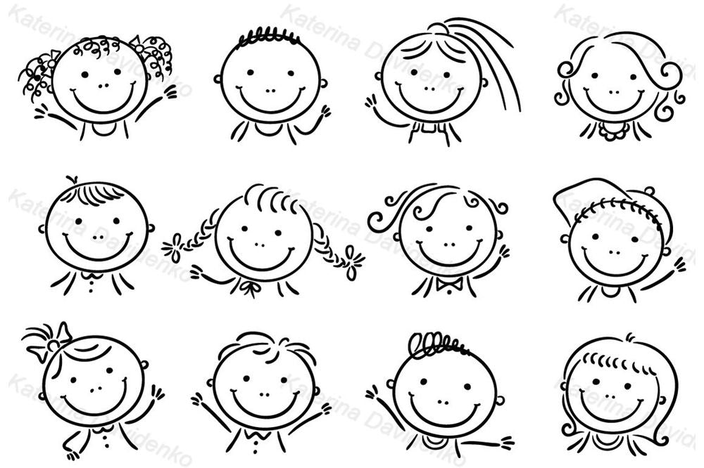 Kids Faces Clipart – Cute Stick Figure Character Portraits, Black and White