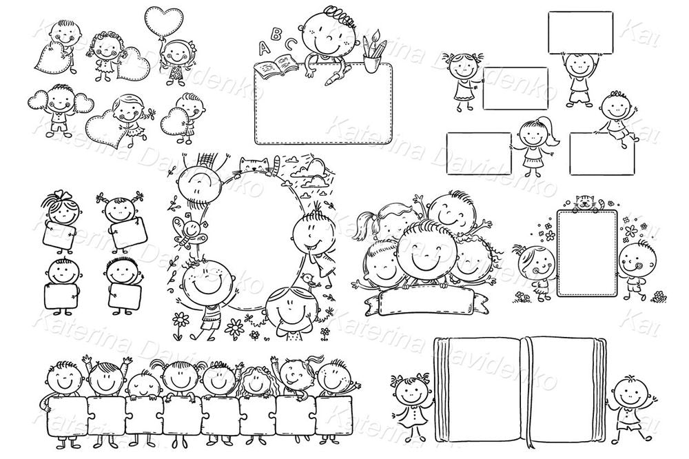 Kids with Frames and Banners – Cute Stick Figure Clipart Set