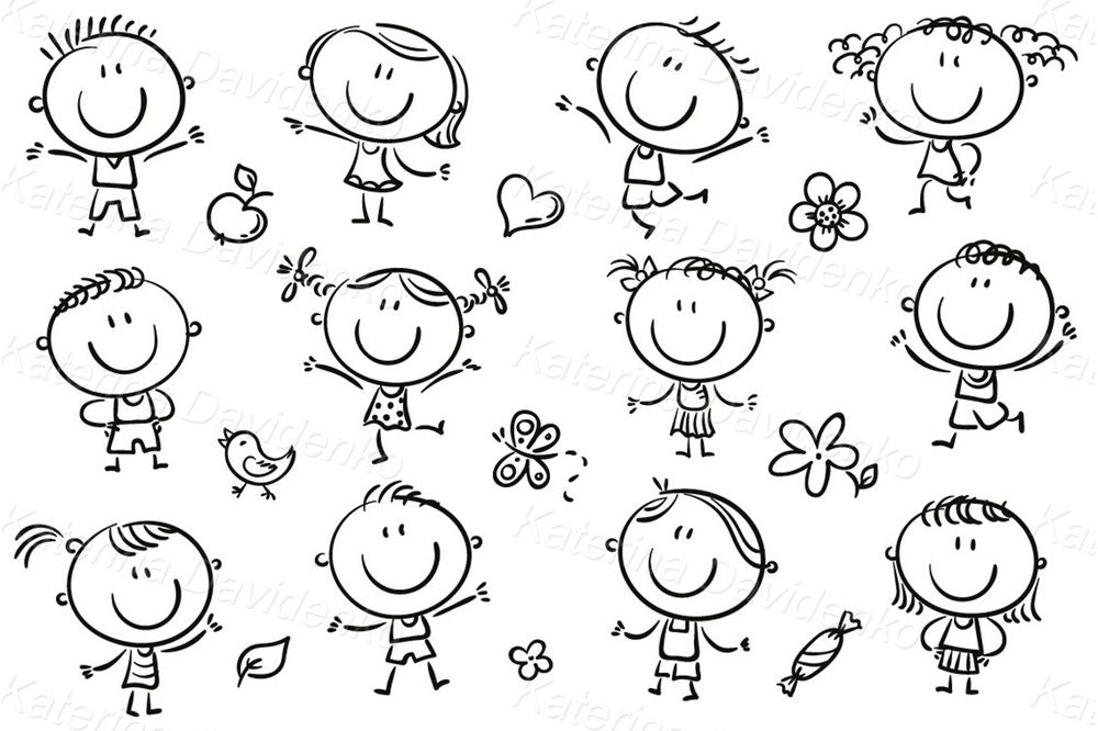 Smiling Stick Figure Kids – Happy Doodle Character Clipart
