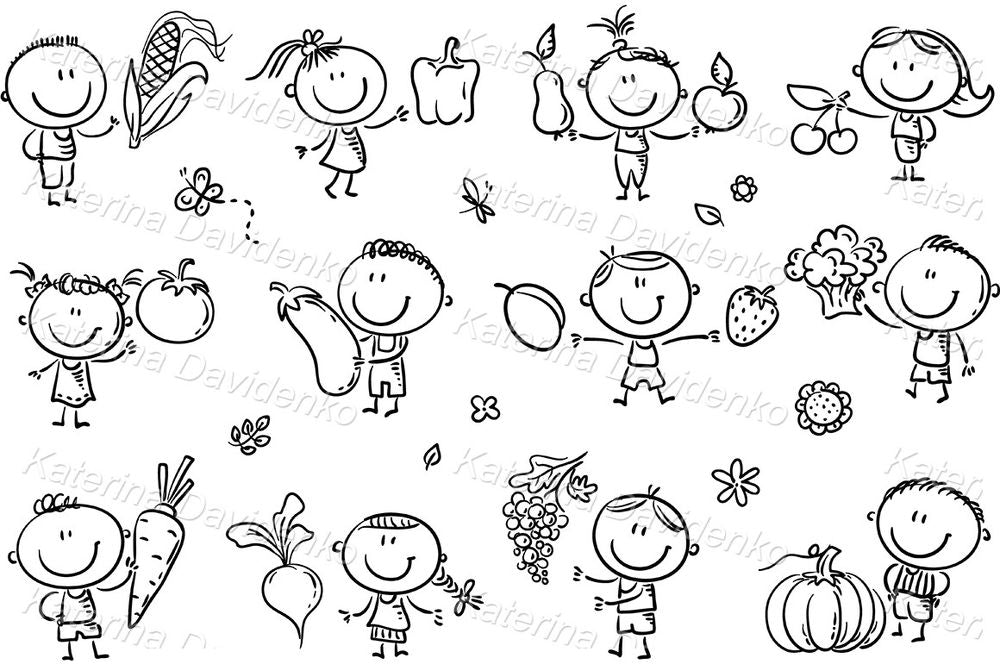 Kids with fruits & vegetables. Outline clipart set