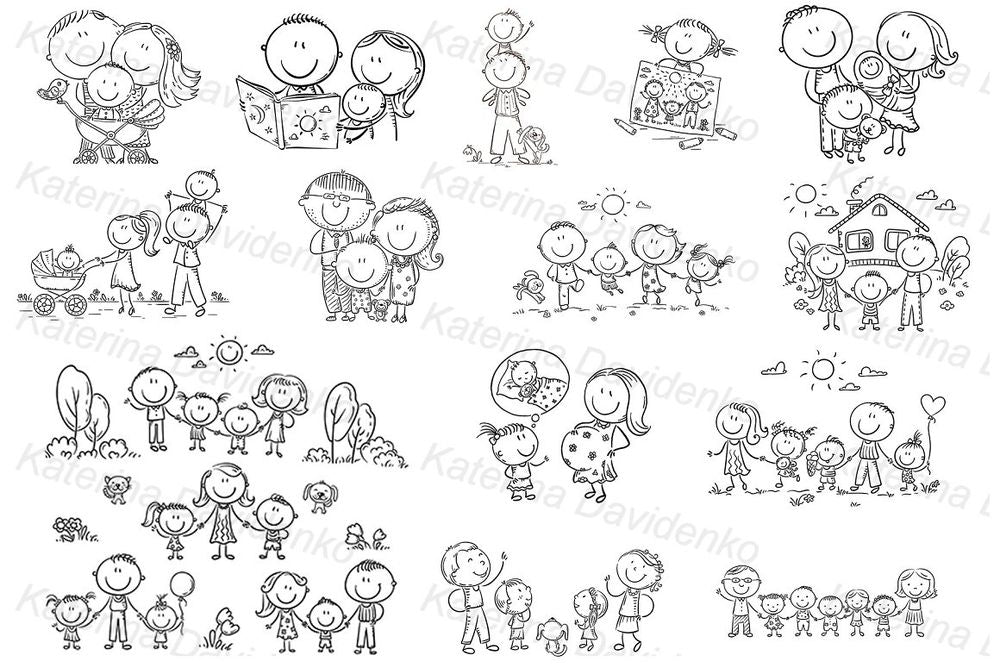 Doodle family cartoon clipart set or bundle for parenting sites & cards