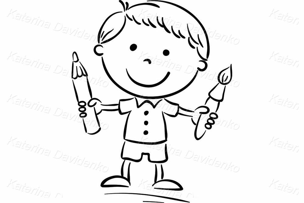 Boy with Pencil and Brush Clipart – Cute Artist Cartoon Graphic