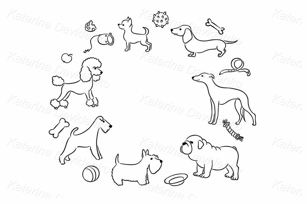 Frame with Dog Breeds Clipart – Cute Cartoon Dogs & Pet Accessories