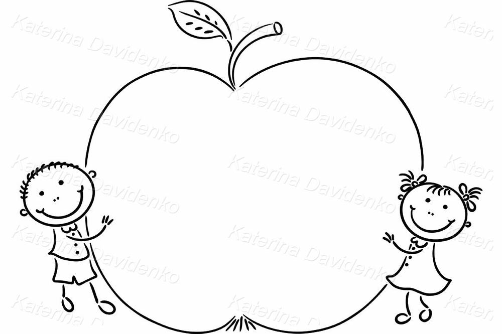 Kids with Giant Apple Clipart, Blank Frame with a Copyspace