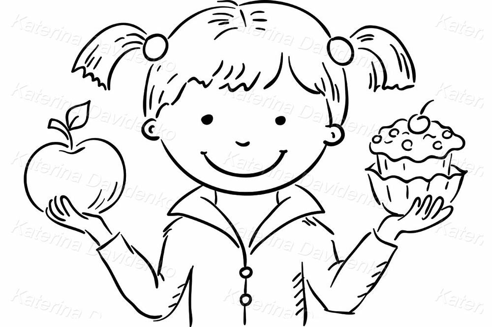 Healthy or Sweet Choice Clipart, Girl with Apple and Cake. Vector Illustration