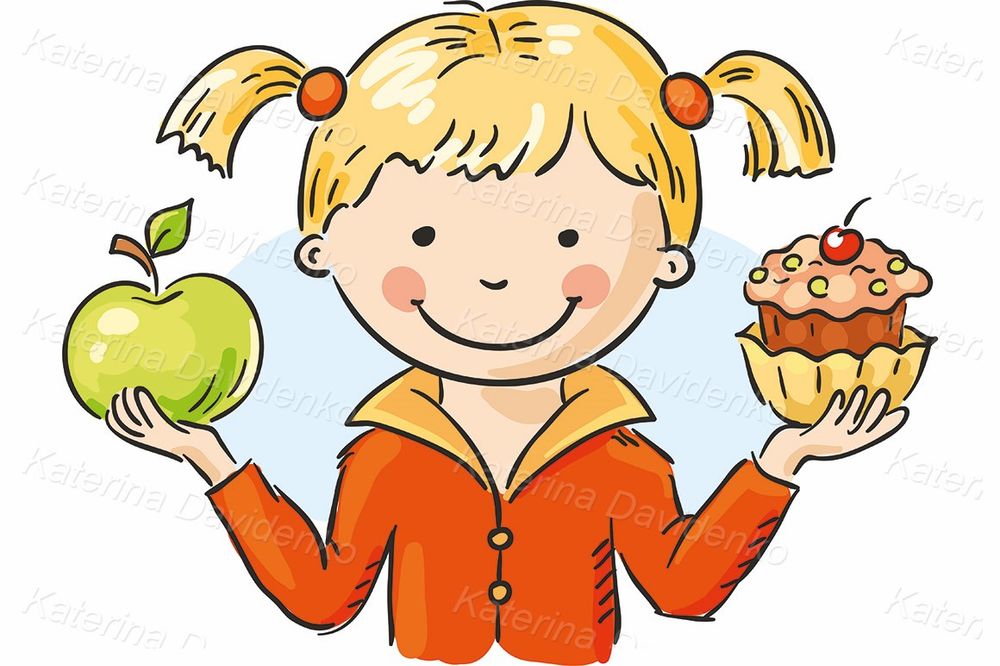 Girl holding Apple and cake. Vector illustration