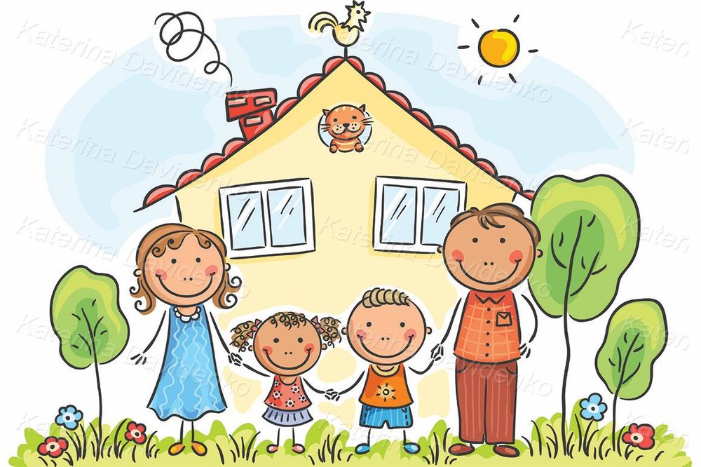Happy Family Scene – Cute Cartoon House Vector Clipart