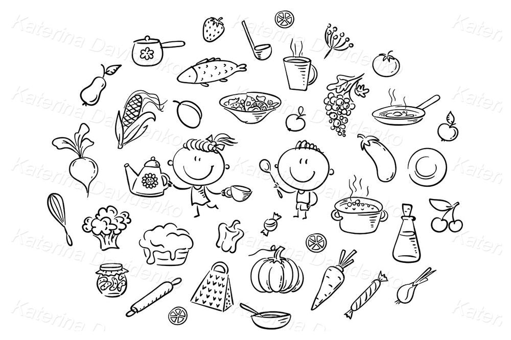 Kids Cooking Clipart – Healthy Food Vector Illustration