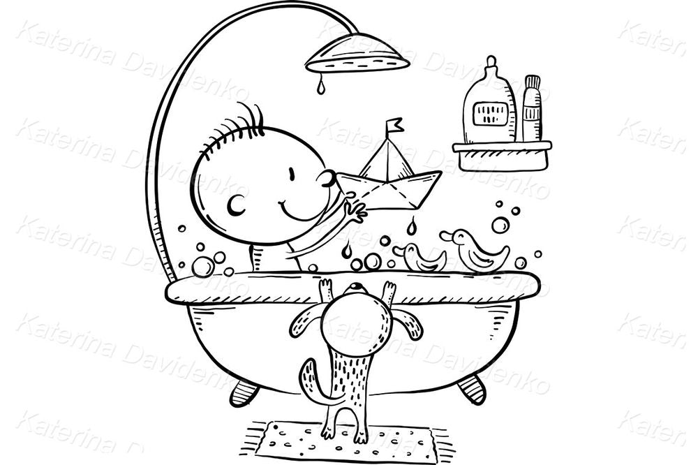 Bath Time Clipart – Cute Baby in Bathtub Cartoon Illustration