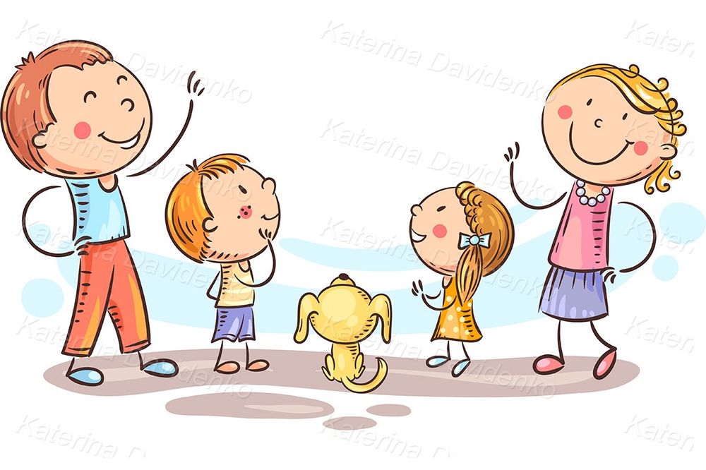 Family with two kids looking up, clipart with copy space for your design