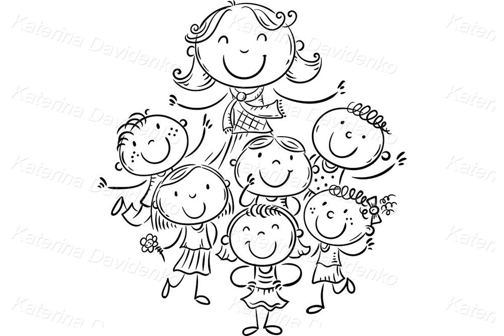 Happy Teacher with Kids Clipart – Cartoon Education Illustration