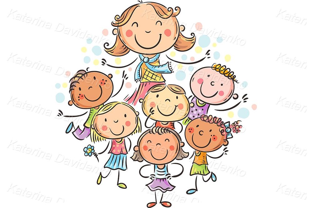 Schoolkids with their teacher cartoon clipart