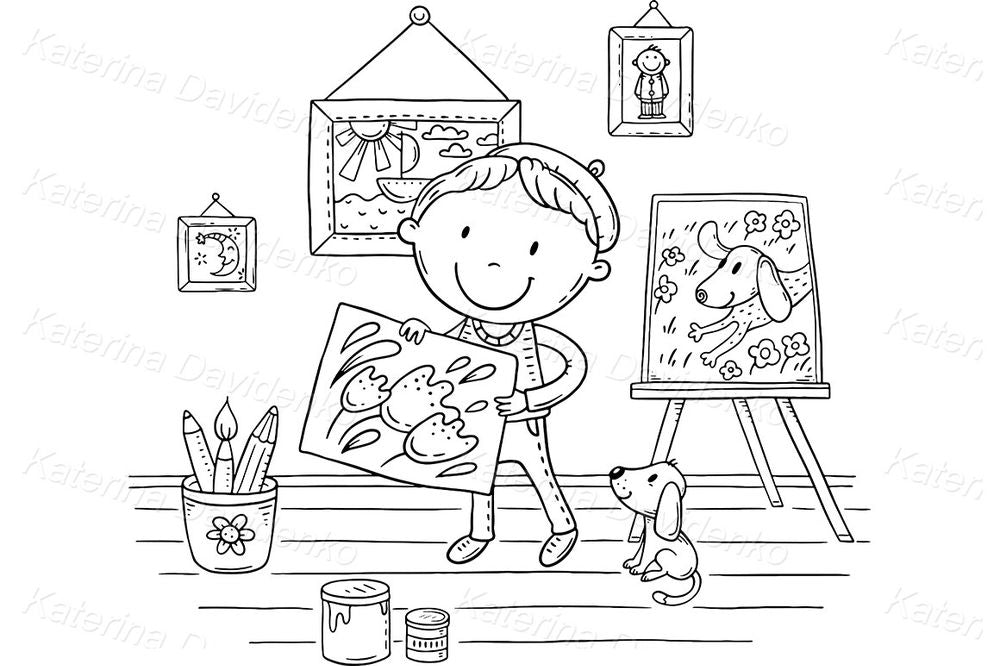 Little Artist Clipart – Cute Cartoon Painting Vector Set