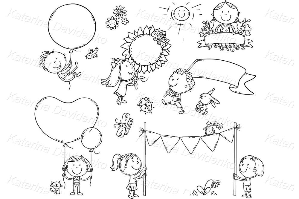 Happy Kids with Blank Signs Clipart Set – Balloons, Banners, Flags