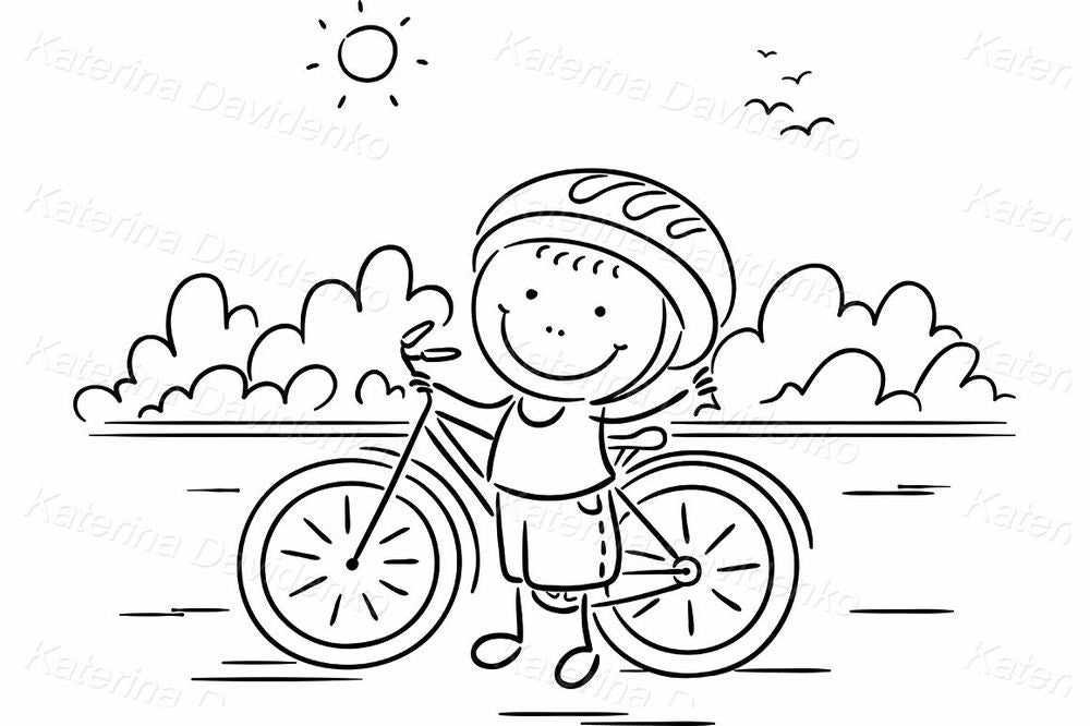 Cute Boy with Bicycle Cartoon Illustration – Summer Outdoor Clipart