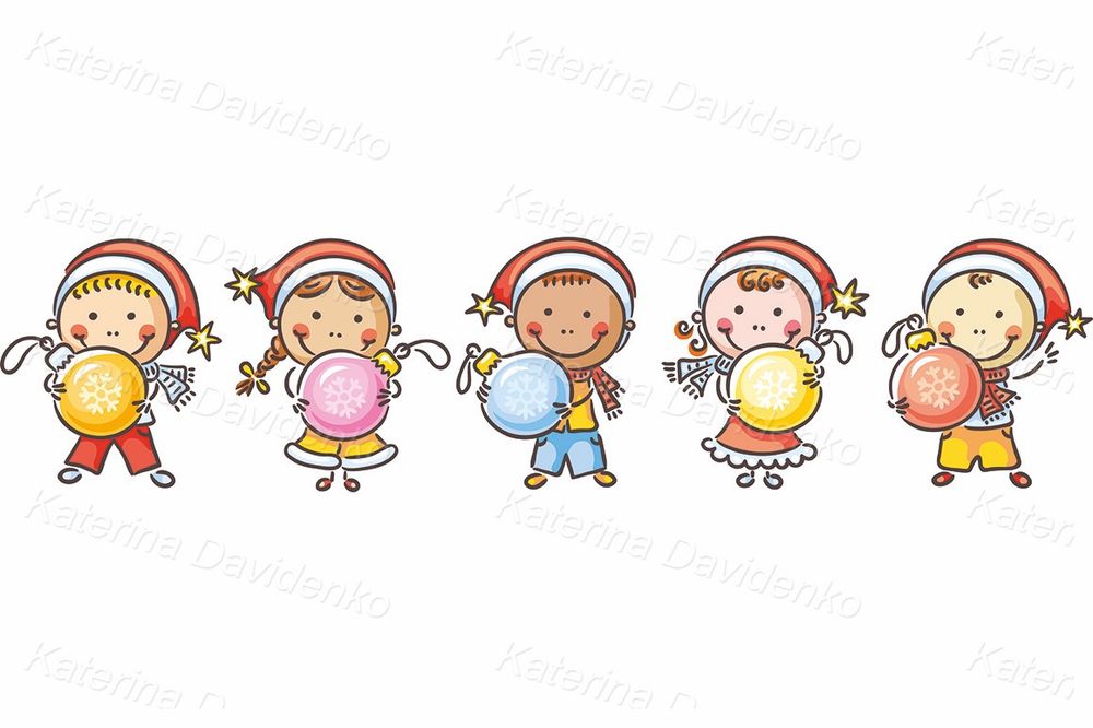 Happy kids with Christmas ornaments clipart set