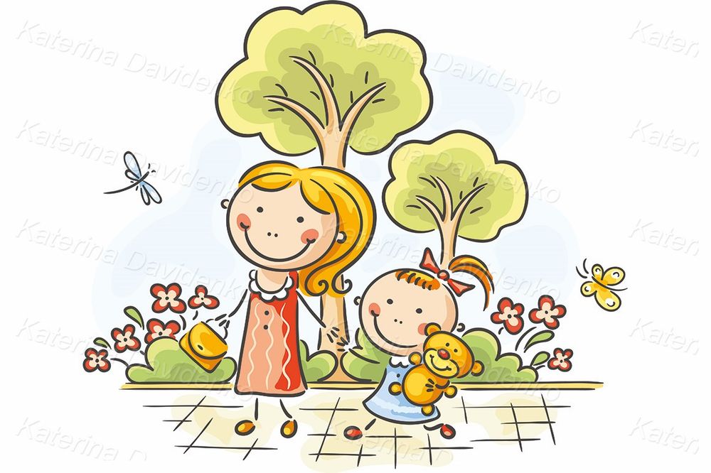 Mother and daughter walking in the park illustration