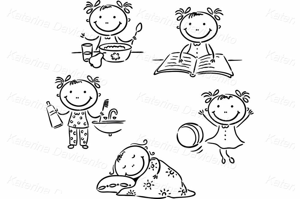 Girl Daily Routine Clipart Set – Morning, Study, Play, Sleep Illustrations