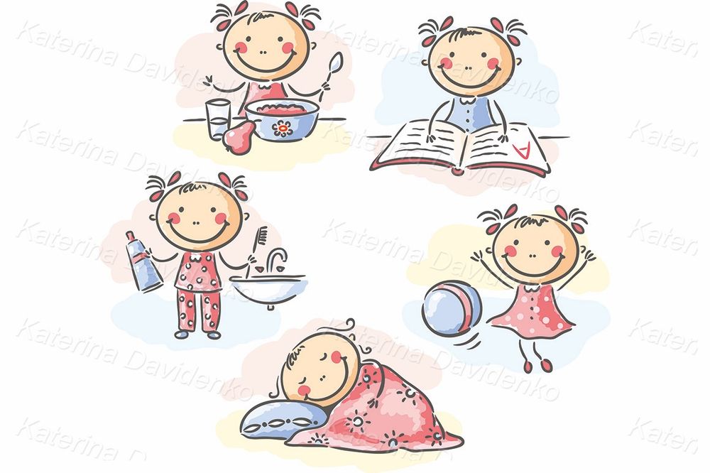 Little girl's daily activities clipart set