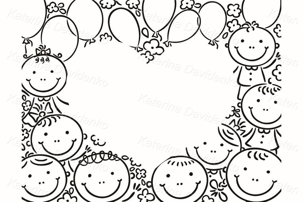 Kids Party Frame Clipart – Balloons, Smiling Children, Heart Shape Border