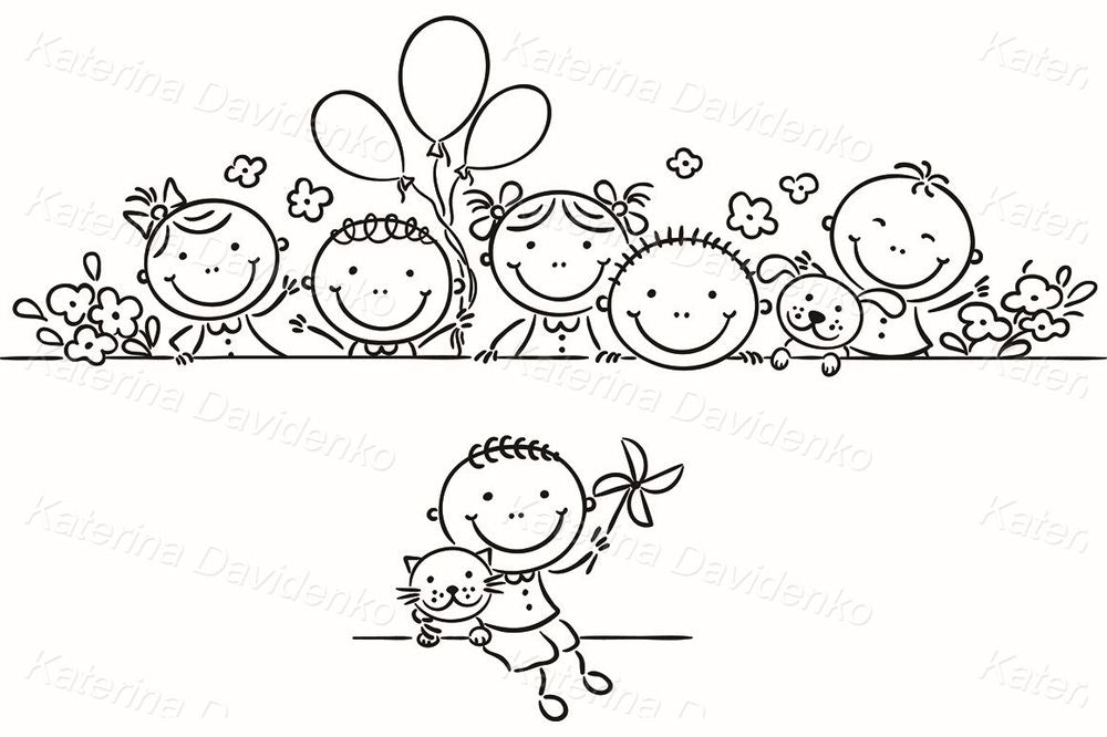 Smiling Kids with Balloons Clipart – Cartoon Vector Border or Frame