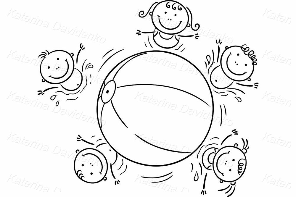 Swimming Pool Clipart – Kids Playing with Beach Ball, Cartoon Art