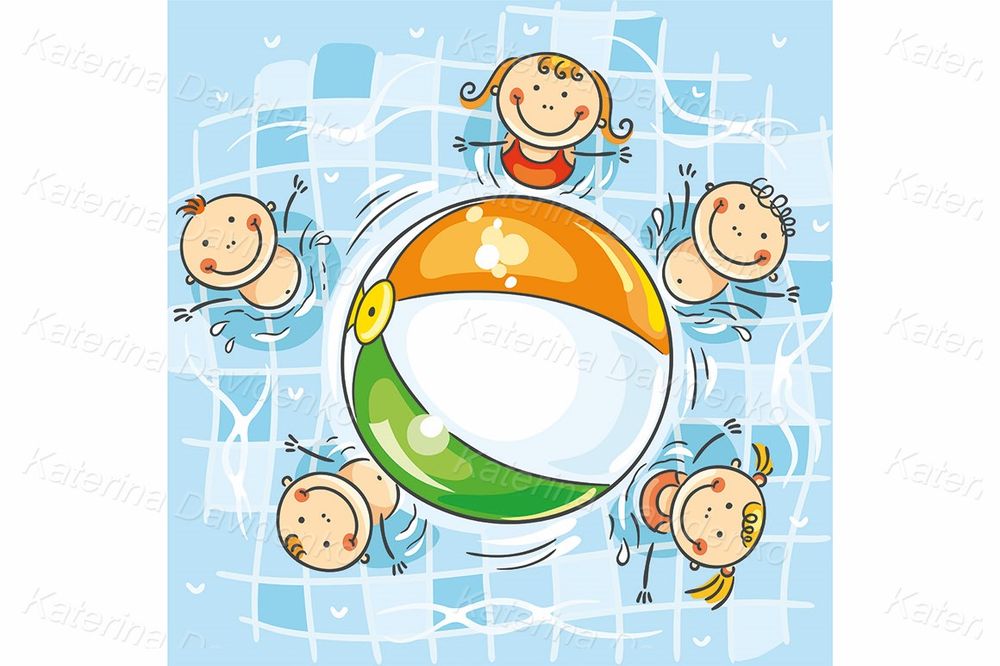 Kids playing ball in swimming pool cartoon illustrtion