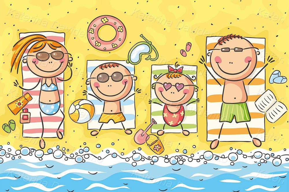 Beach family at the seaside cartoon illustration