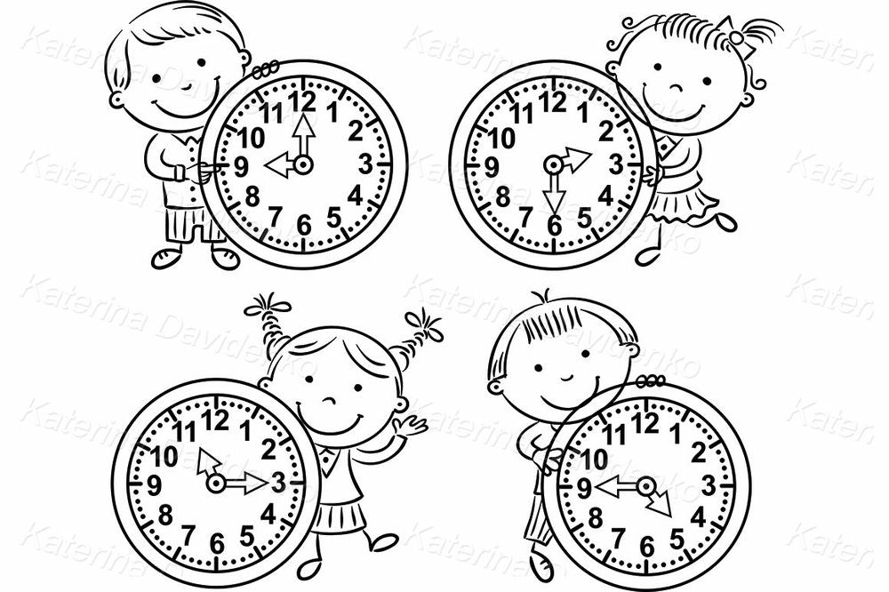 Telling Time Clipart – Cute Clock Learning Kids Vector Illustrations