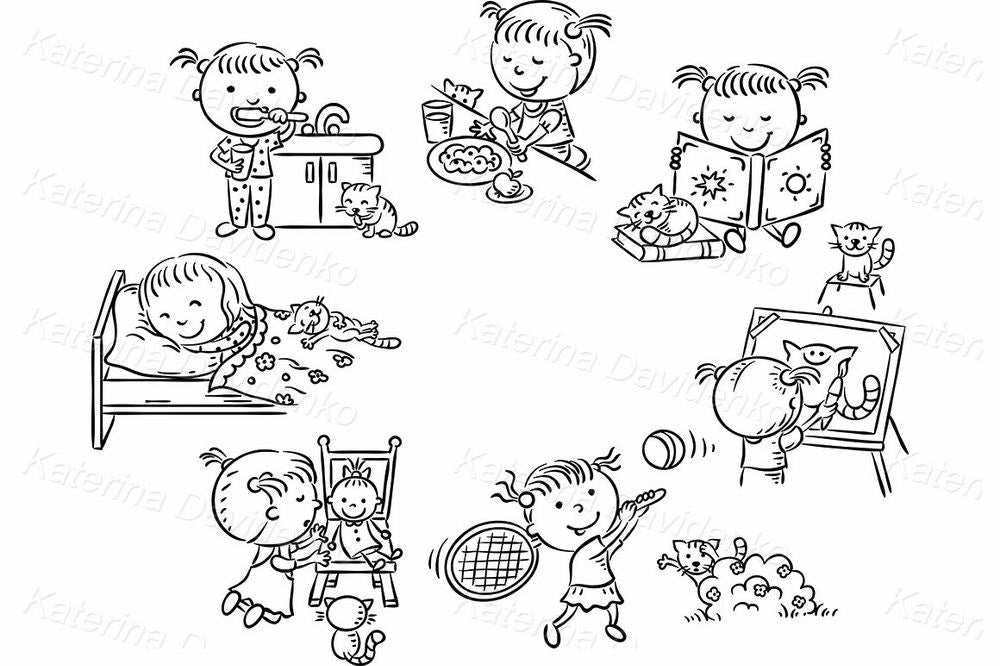 Daily Routine with Cat Clipart – Cute Kids Activity Vector Illustrations