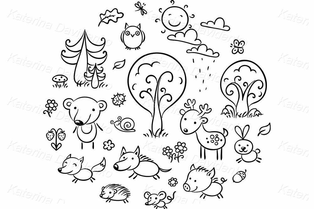 Cute Forest Animals and Trees – Doodle Clipart Collection