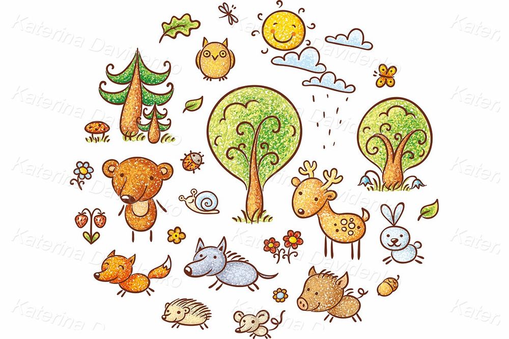 Cartoon forest animals and trees clipart set