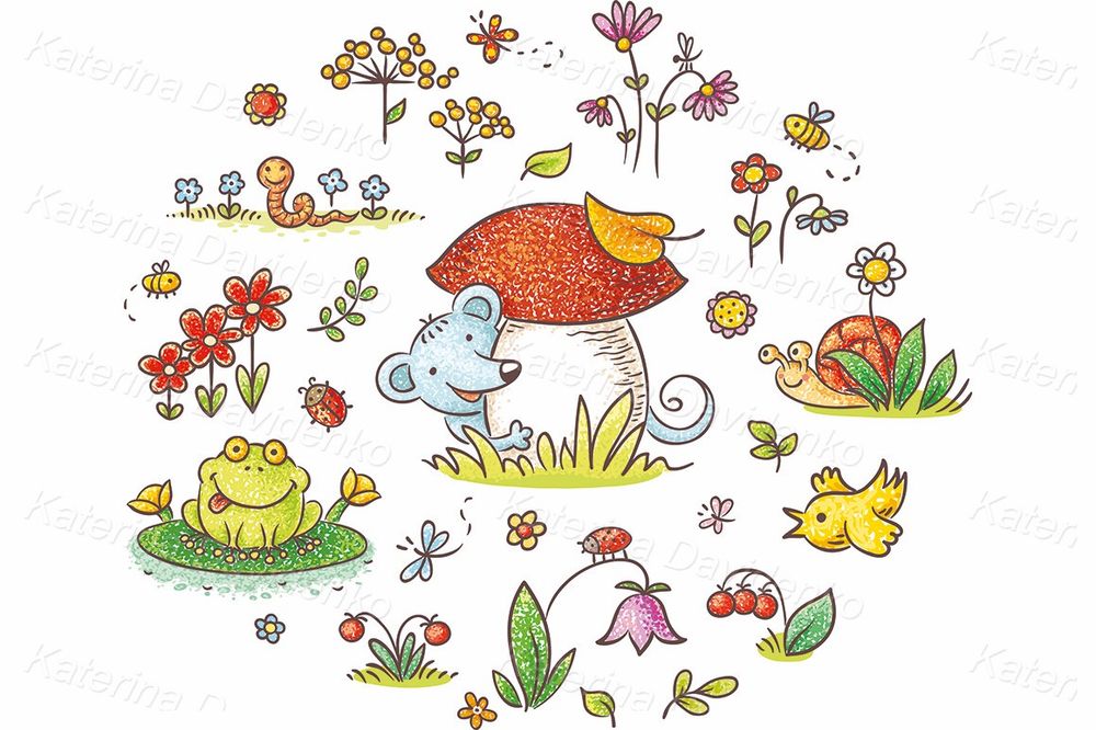 Flowers, insects and animals for kids designs clipart set