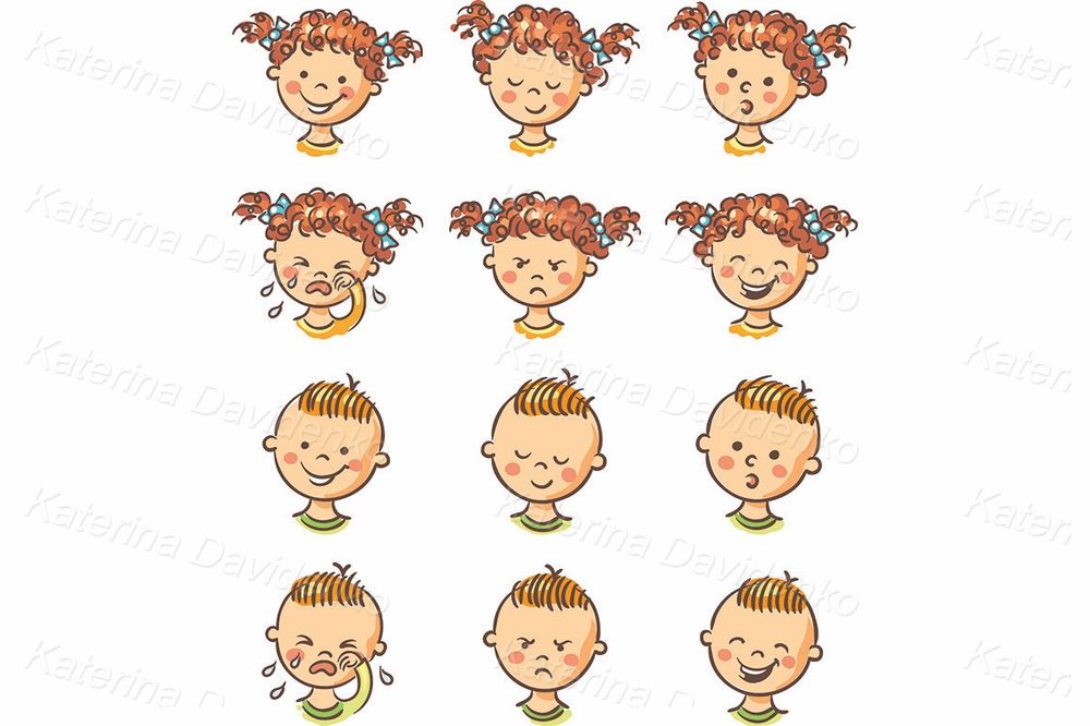 Emotions on children's faces clipart set