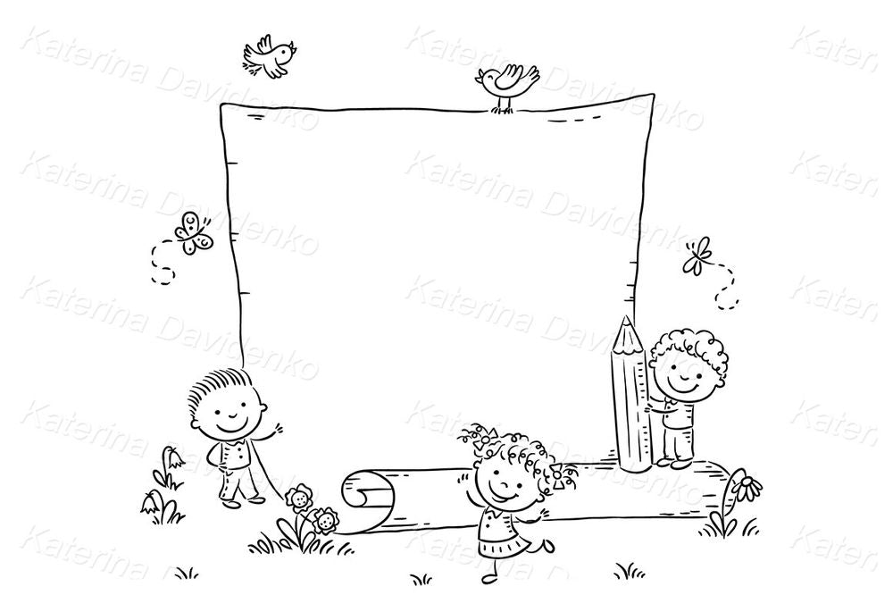 Kids with Scroll with Copyspace – Cute School Frame Clipart
