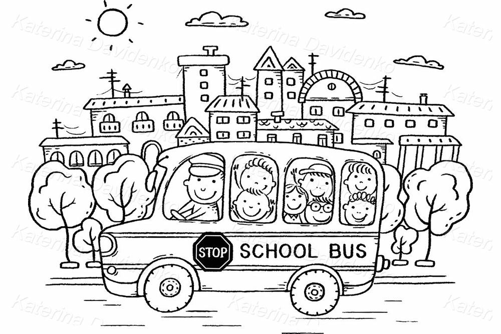 School Bus Clipart – Happy Kids in Yellow Bus Cartoon Illustration
