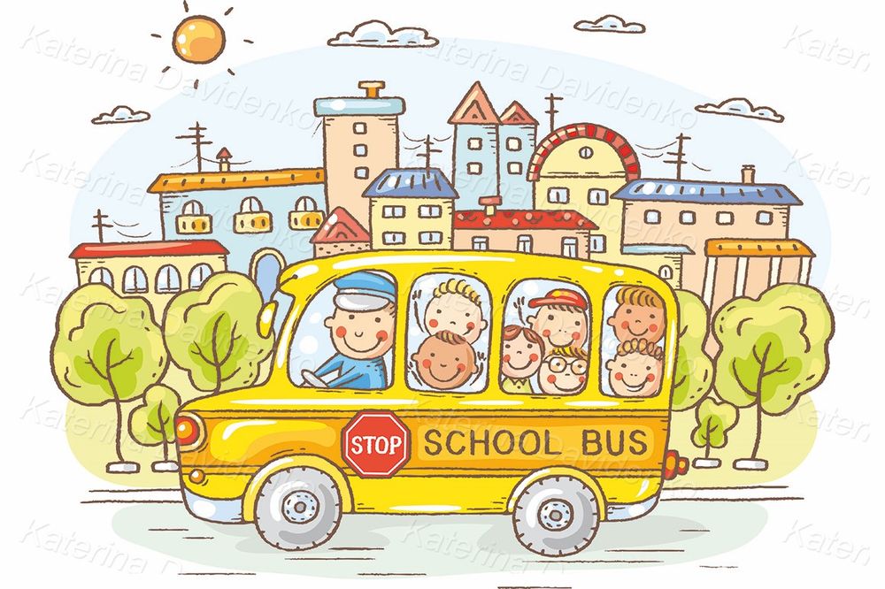 School bus with kids clipart