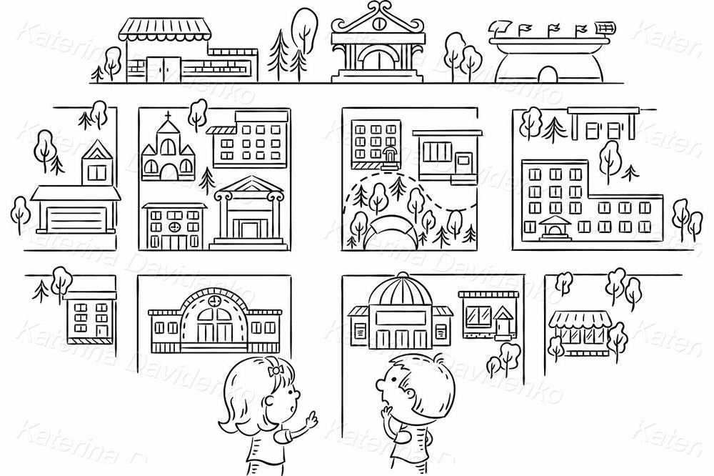 City Map with Buildings – Kids Educational Town Clipart