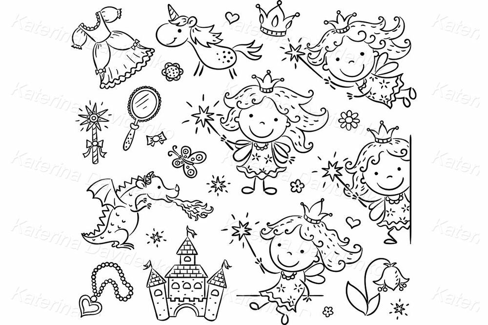 Princess Fairy Tale Clipart with Castle, Unicorn & Dragon