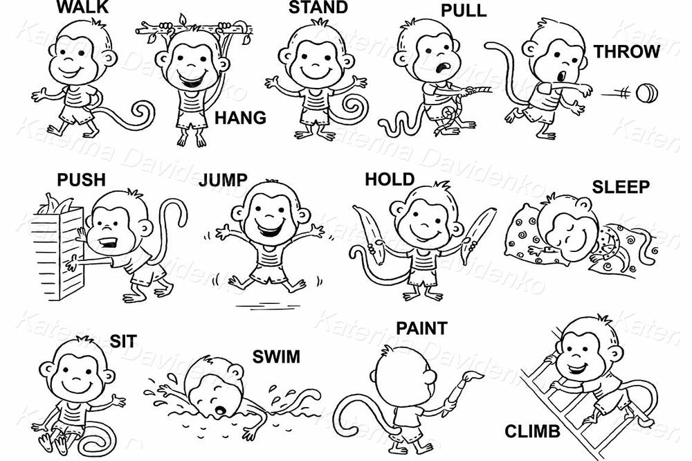 Monkey Actions Clipart – Fun Verbs for Kids Education