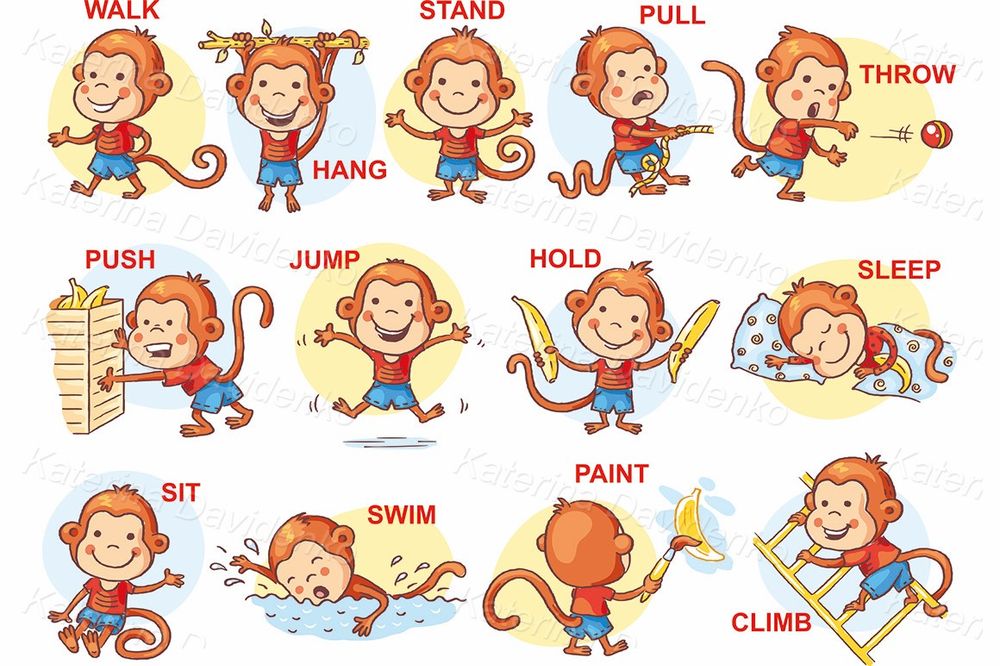 Set of cartoon monkey holding different objects. Education clipart for kid